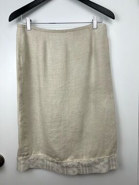 Jennifer Moore Upcycled Vintage Lace Trim Linen Skirt size 12 Light Tan Summer